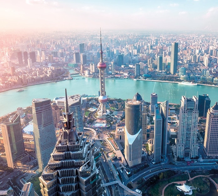 Shanghai skyline and cityscape at sunset